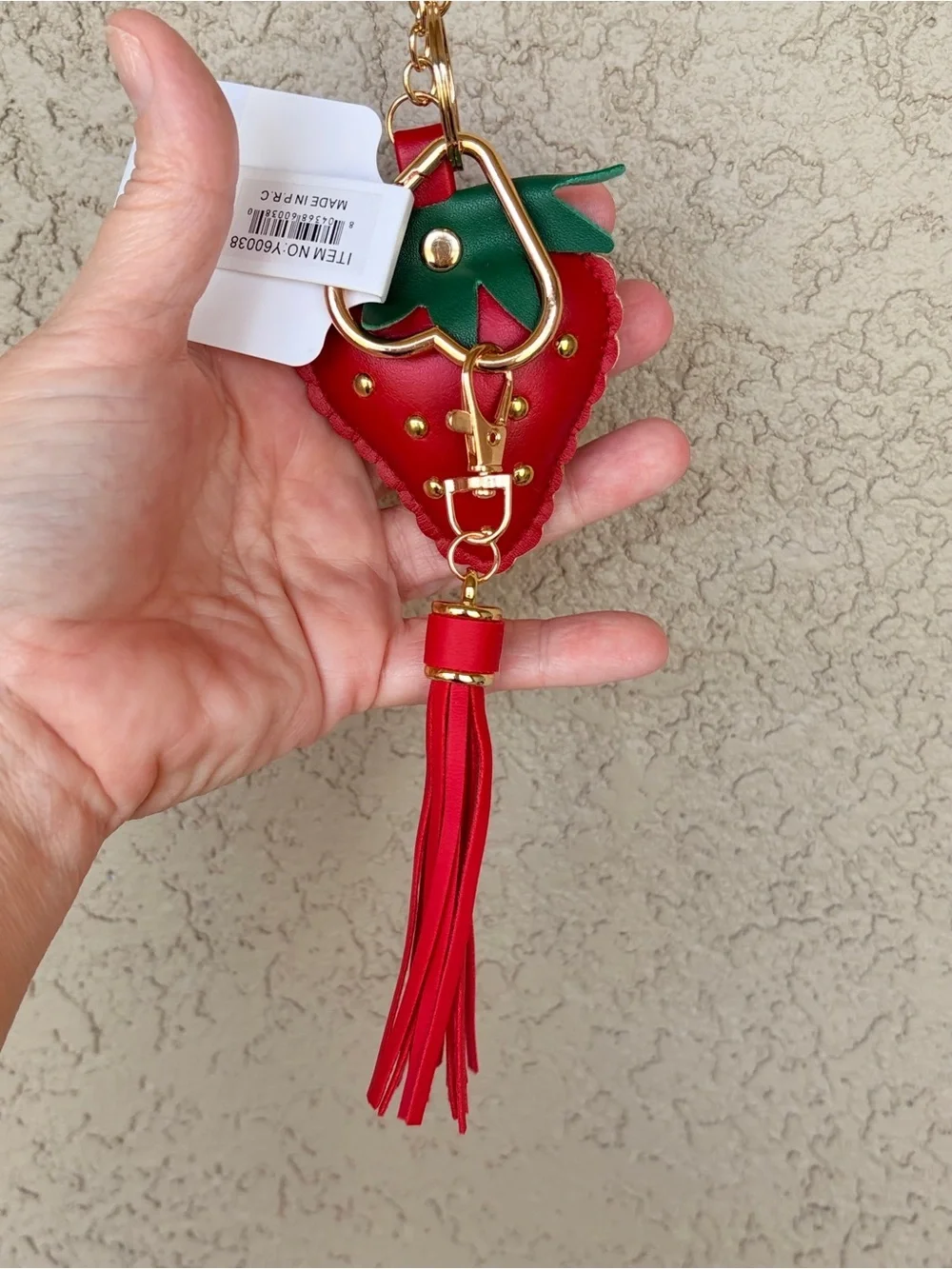 Studded Strawberry Tassel Keychain - Red & Green